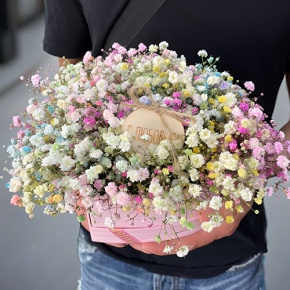 Композиция в коробке сердца из радужных гипсофил с топпером в Подольске